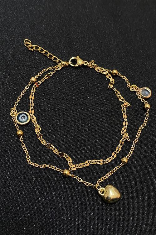 Altın Renk Nazar Göz Kalp Model Singapur Ve Top Zincir Çelik Halhal - 3298