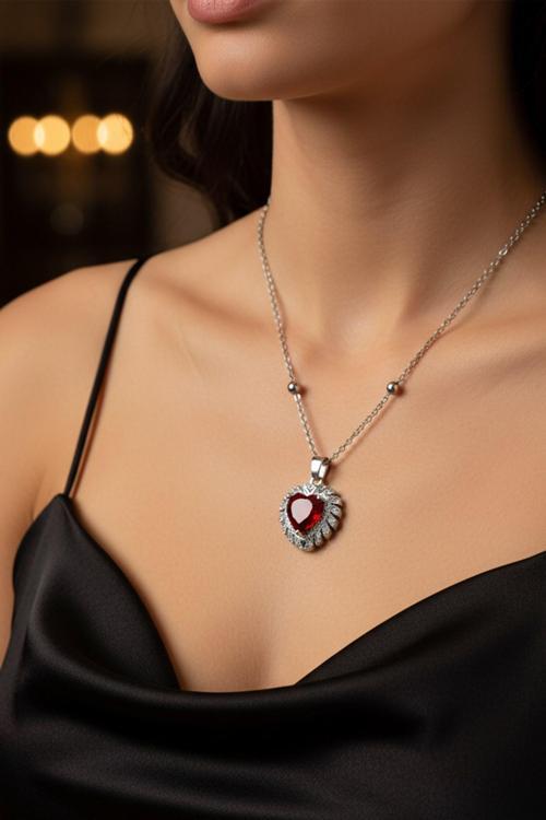 Gümüş  Renk Bordo Taş Kalp Model Top Zincir Çelik Kolye- 3810