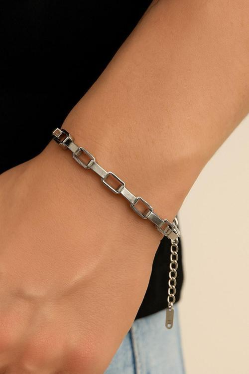 Gümüş Renk Küp Zincir Unisex Çelik Bileklik - 3340