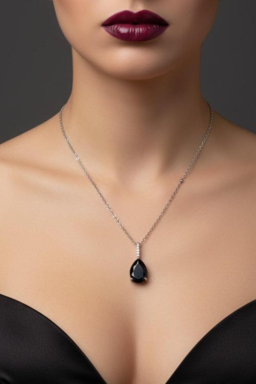 Gümüş Renk Sıra Taşlı Siyah Damla Model Sf Zincir Çelik Kolye - 3781