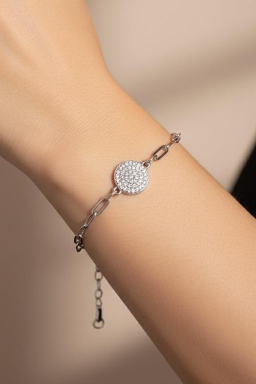 Gümüş Renk Yuvarlak Beyaz Taşlı Model Ataç Zincir Çelik Bileklik - 3677