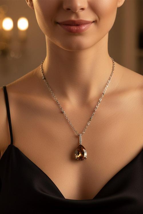 Gümüş Renk Sıra Taşlı Amber Damla Model Sf Zincir Çelik Kolye - 3809