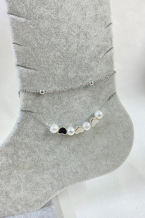 Gümüş Renk İnci Kalp Model Top Ve Sf Zincir Çelik Halhal - 3261