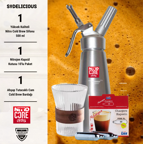 NitroCore Nitro Kahve Demleme Seti – 500 ml Paslanmaz Çelik Sifon + 10’lu Nitrojen Kartuş + 1 Cold Brew Bardak