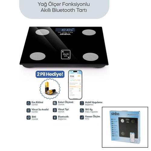 SİYAH YAĞ ÖLÇER AKILLI BLUETOOTH CAM BASKÜL PİLLİ 180KG/50GR 26X26CM 8-KİŞİ HAFIZA LCD EKRAN ℃ GÖSTE