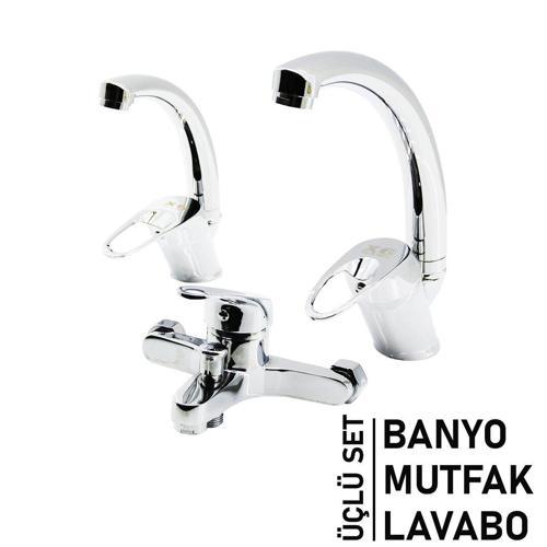3lü Set Banyo - Evye Mutfak - Lavabo Aç Kapa Mix Batarya Musluk (4915)