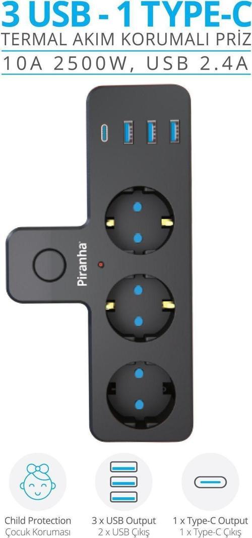 Akım Korumalı 3 USB 1 Type-C Girişli 3'lü Priz