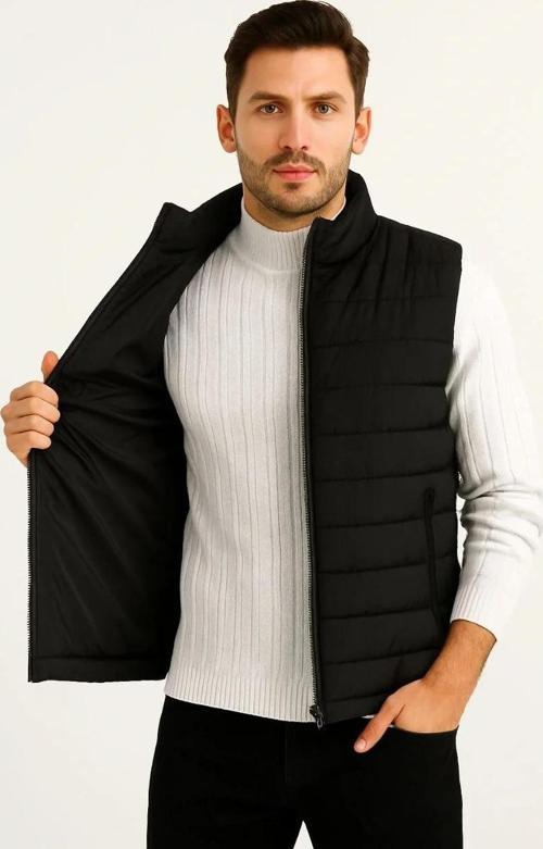 Erkek Şişme Fermuarlı Yelek Su itici Kapitone Astarlı Kumaş Cepli Hafif Kışlık Spor Rahat Kalıp - Si