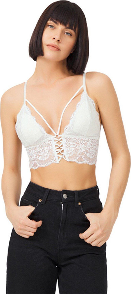Krem Dantelli İnce Askılı Kaplı Üçgen Kadın Bralet Büstiyer