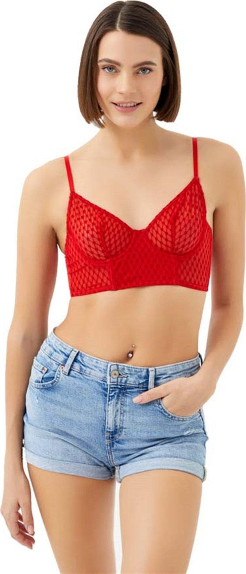 Kırmızı Puantiyeli Tüllü Ayarlanabilir Askılı Balenli Kadın Bralet Sütyen