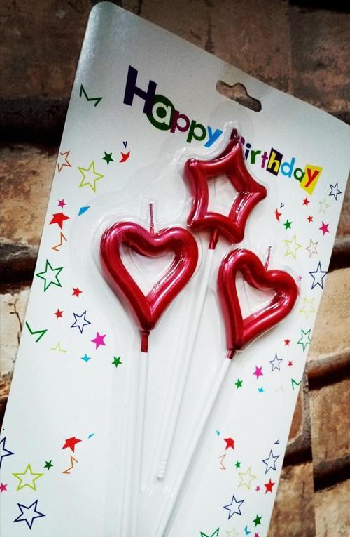 Red Heart Candle 2 Adet Metalik Kırmızı Kalpli Pasta Mumu 1 Adet Yıldız Mum Kalpli Doğum Günü Mumu