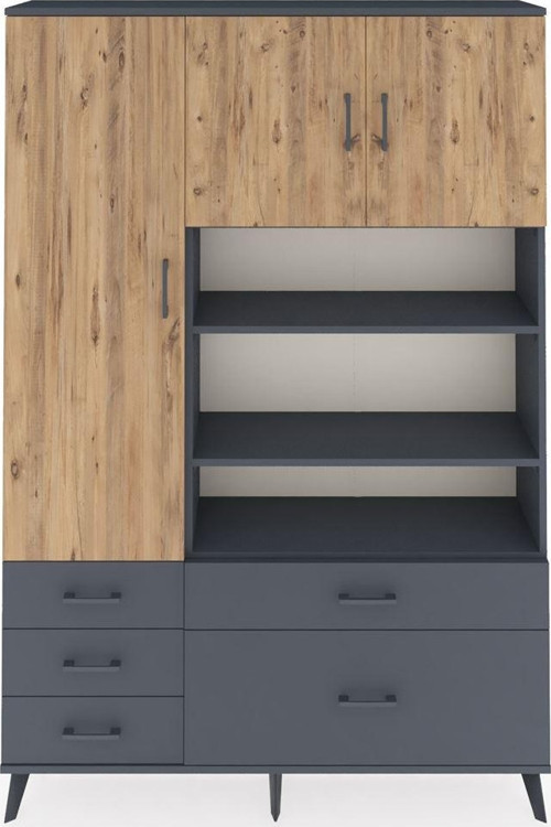 Arges Dolap 9 Raflı 5 Çekmeceli 3 Kapaklı 132 x 30 x 195 cm Antrasit - Çam - Antrasit