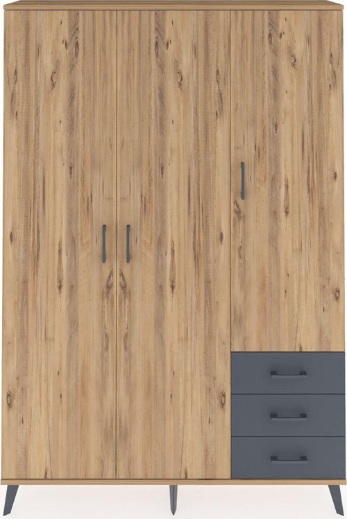 Arges Dolap 6 Raflı 3 Çekmeceli Tek Askılı 132x30x195 Çam-Çam/Antrasit