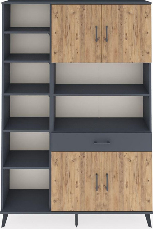 Arges Dolap 10 Raflı 1 Çekmeceli 4 Kapaklı 132 x 30 x 195 cm Antrasit - Çam - Antrasit