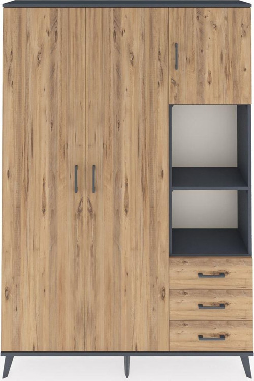 Arges Gardrop 5 Raflı 3 Çekmeceli 1 Askılı 132 x 30 x 195 cm Antrasit - Çam