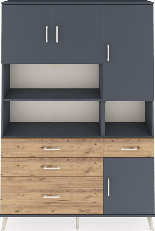 Arges Dolap 9 Raflı 4 Çekmeceli 4 Kapaklı 132x30x195 Antrasit-Antrasit/Çam