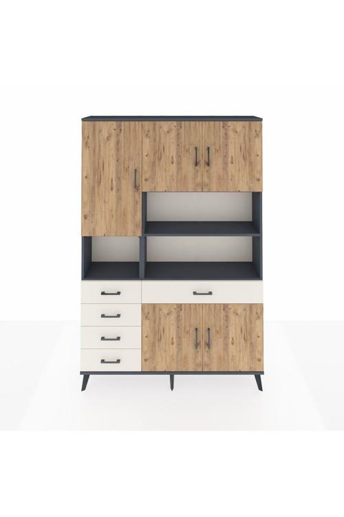 Arges Dolap 9 Raflı 5 Çekmeceli 5 Kapaklı 132 x 30 x 195 cm Antrasit - Çam - Aytaşı