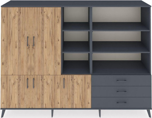 Hyperion Dolap 11 Raflı 3 Çekmeceli 5 Kapaklı 220x44x163 Antrasit-Çam/Antrasit