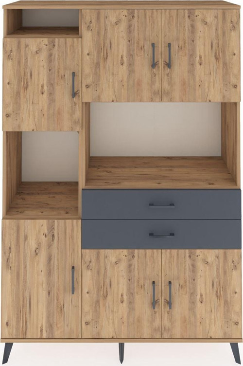 Hyperion Dolap 8 Raflı 2 Çekmeceli 6 Kapaklı 132x44x195 Çam-Çam/Antrasit
