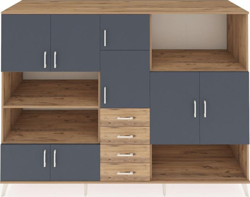Kronos Dolap 10 Raflı 4 Çekmeceli 8 Kapaklı 220 x 59 x 163 cm Çam - Antrasit - Çam