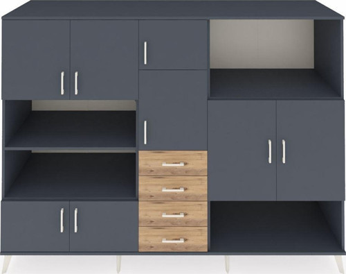 Kronos Dolap 10 Raflı 4 Çekmeceli 8 Kapaklı 220 x 59 x 163 cm Antrasit - Antrasit - Çam