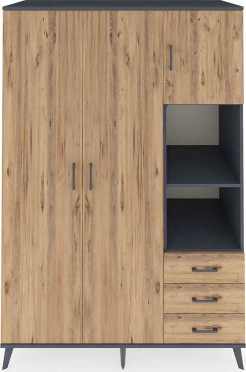 Kronos Dolap 5 Raflı 3 Çekmeceli 1 Askılı 132 x 59 x 195 cm Antrasit - Çam - Çam