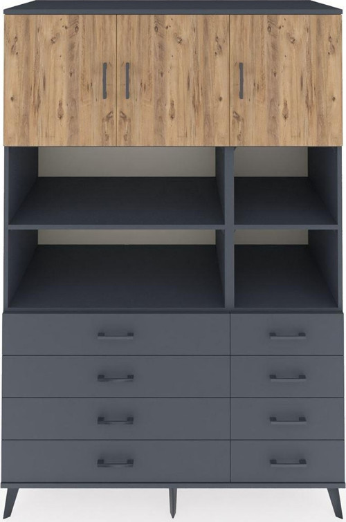 Kronos Dolap 8 Raflı 8 Çekmeceli 3 Kapaklı 132 x 59 x 195 cm Antrasit - Çam - Antrasit