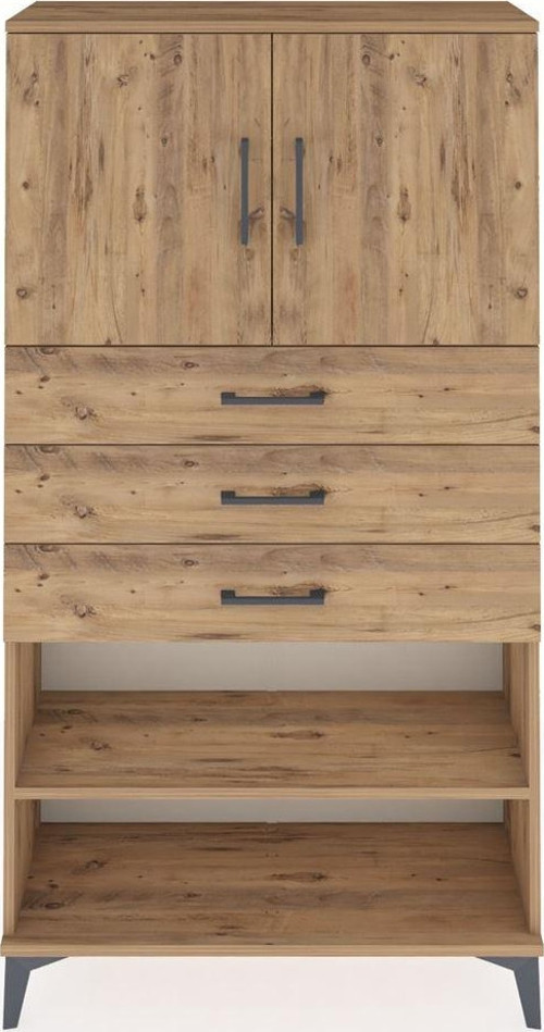 Arges Dolap 3 Raflı 3 Çekmeceli 2 Kapaklı 88x30x163 Çam-Çam