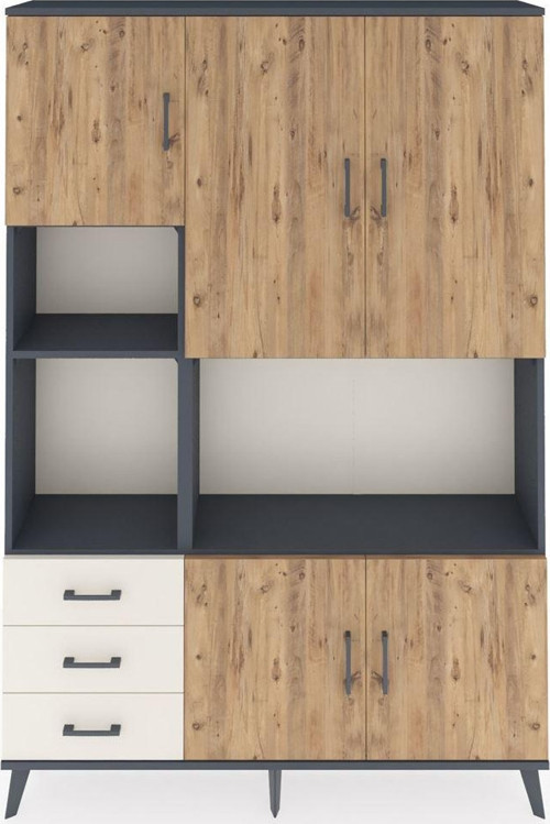 Arges Dolap 9 Raflı 3 Çekmeceli 5 Kapaklı 132x30x195 Antrasit-Çam/Aytaşı