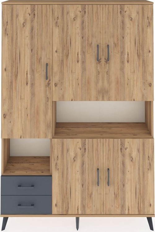 Arges Dolap 10 Raflı 2 Çekmeceli 5 Kapaklı 132x30x195 Çam-Çam/Antrasit