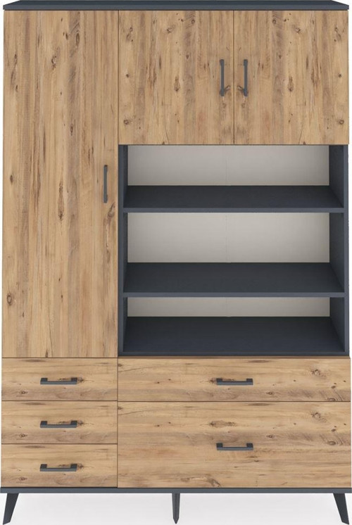 Arges Gardrop 9 Raflı 5 Çekmeceli 3 Kapaklı 132x30x195 Antrasit-Çam