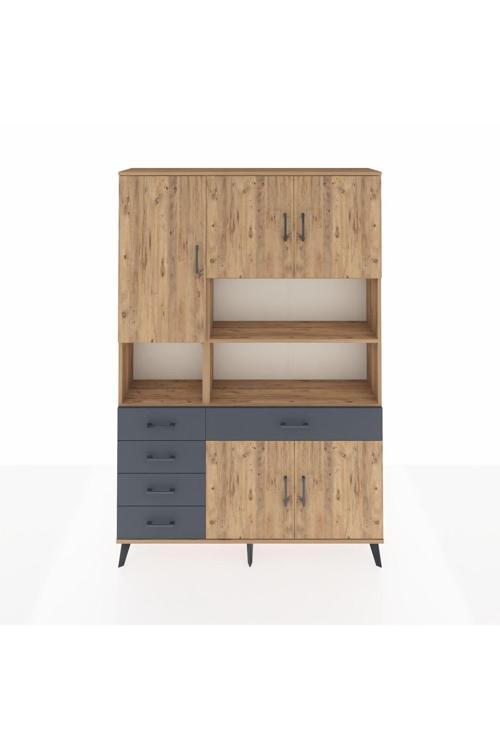 Arges Dolap 9 Raflı 5 Çekmeceli 5 Kapaklı 132x30x195 Çam-Çam/Antrasit