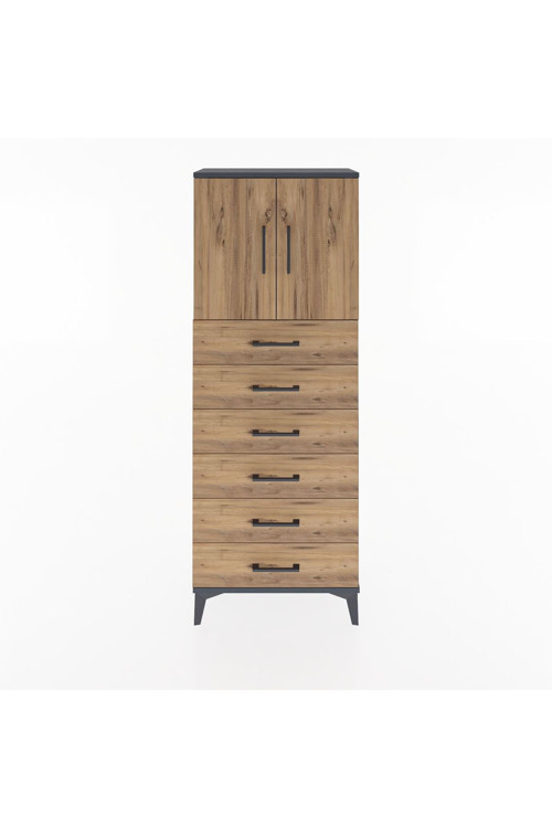 Arges Dolap 2 Raflı 6 Çekmeceli 2 Kapaklı 60 x 30 x 163 cm Antrasit - Çam