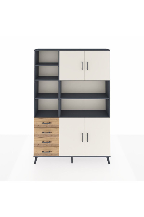 Arges Dolap 9 Raflı 4 Çekmeceli 4 Kapaklı 132x30x195 Antrasit-Aytaşı/Çam
