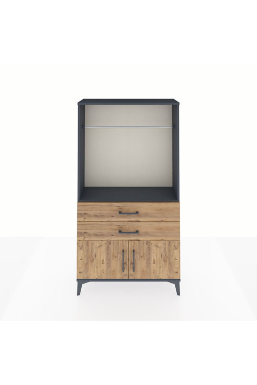 Arges Dolap Tek Raflı 2 Çekmeceli Tek Askılı 88x30x163 Antrasit-Çam