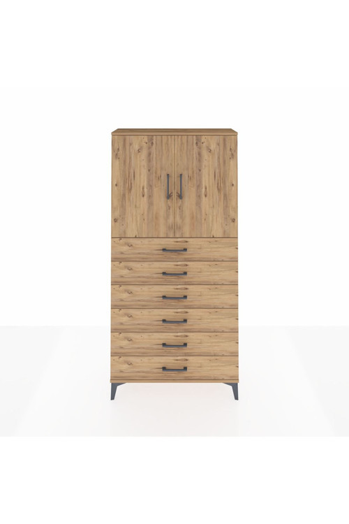Arges Dolap 2 Raflı 6 Çekmeceli 2 Kapaklı 88 x 30 x 182 cm Çam - Çam