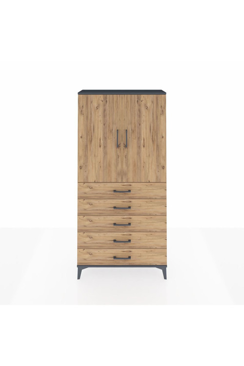 Arges Dolap 3 Raflı 5 Çekmeceli 2 Kapaklı 88 x 30 x 182 cm Antrasit - Çam