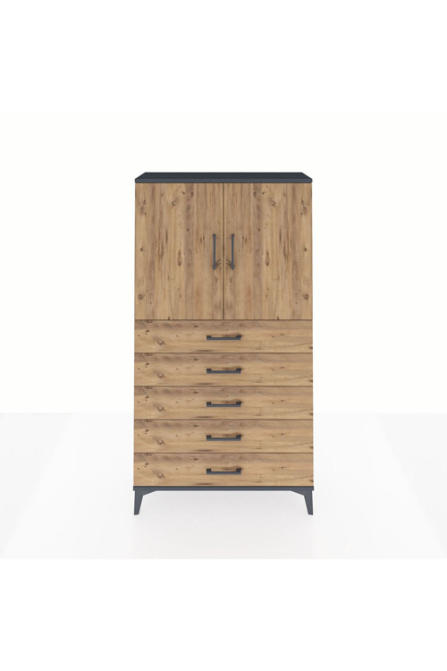 Arges Dolap 2 Raflı 5 Çekmeceli 2 Kapaklı 88x30x163 Antrasit-Çam