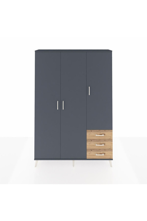 Arges Dolap 6 Raflı 3 Çekmeceli 1 Askılı 132 x 30 x 195 cm Antrasit - Antrasit - Çam