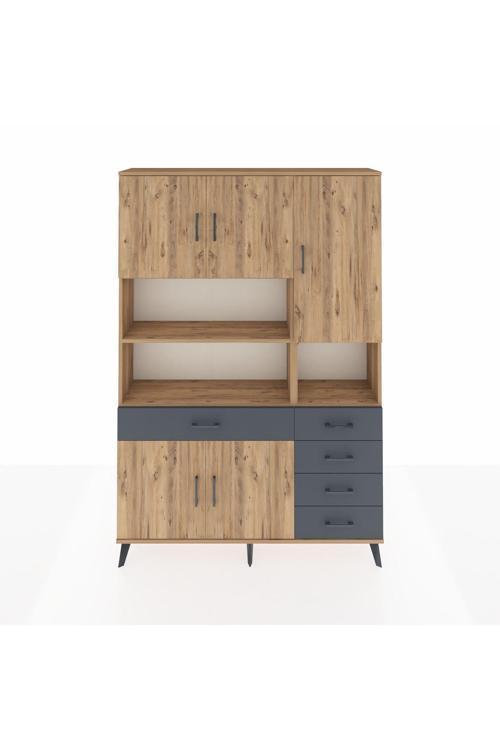 Arges Dolap 9 Raflı 5 Çekmeceli 5 Kapaklı 132 x 30 x 195 cm Çam - Çam - Antrasit