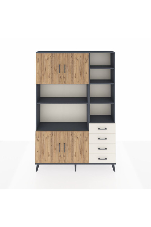 Arges Dolap 9 Raflı 4 Çekmeceli 4 Kapaklı 132x30x195 Antrasit-Çam/Aytaşı