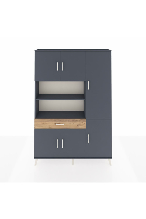 Arges Dolap 10 Raflı Tek Çekmeceli 6 Kapaklı 132x30x195 Antrasit-Antrasit/Çam