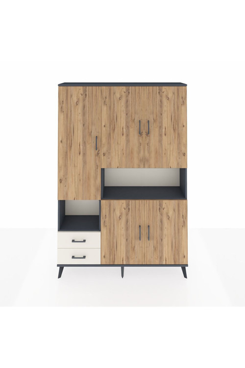 Arges Dolap 10 Raflı 2 Çekmeceli 5 Kapaklı 132x30x195 Antrasit-Çam/Aytaşı
