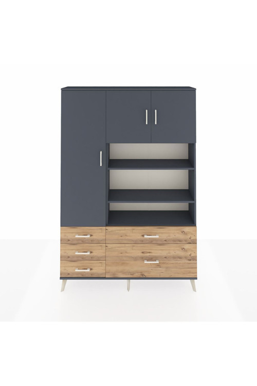 Arges Dolap 9 Raflı 5 Çekmeceli 3 Kapaklı 132x30x195 Antrasit-Antrasit/Çam