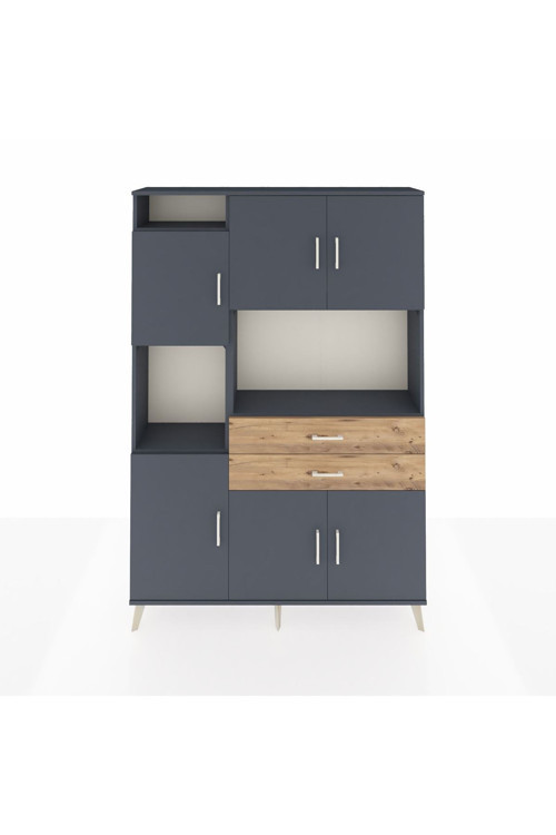 Arges Dolap 8 Raflı 2 Çekmeceli 6 Kapaklı 132x30x195 Antrasit-Antrasit/Çam