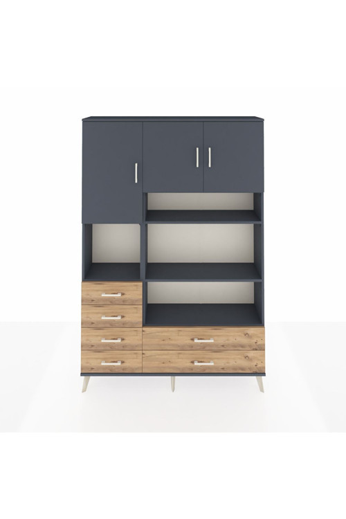 Arges Dolap 9 Raflı 6 Çekmeceli 3 Kapaklı 132x30x195 Antrasit-Antrasit/Çam