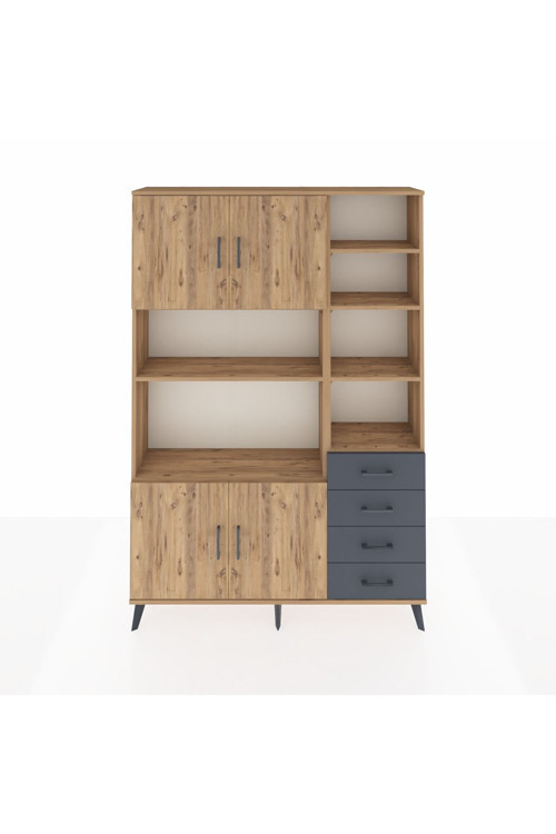 Arges Dolap 9 Raflı 4 Çekmeceli 4 Kapaklı 132x30x195 Çam-Çam/Antrasit