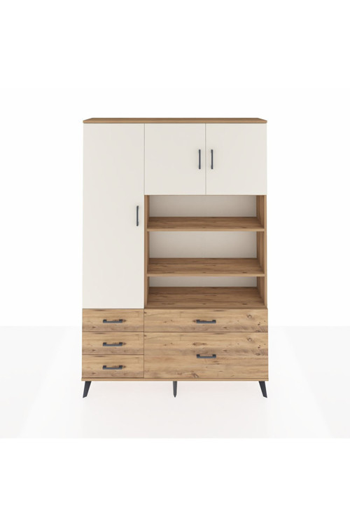 Arges Dolap 9 Raflı 5 Çekmeceli 3 Kapaklı 132x30x195 Çam-Aytaşı/Çam
