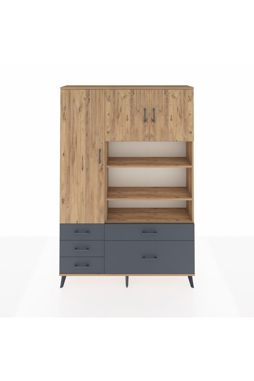 Arges Dolap 9 Raflı 5 Çekmeceli 3 Kapaklı 132x30x195 Çam-Çam/Antrasit