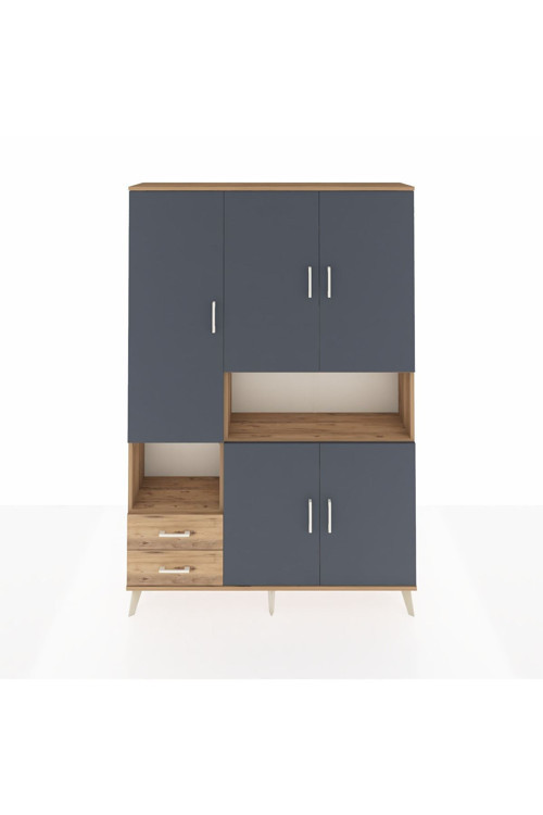 Arges Dolap 10 Raflı 2 Çekmeceli 5 Kapaklı 132x30x195 Çam-Antrasit/Çam